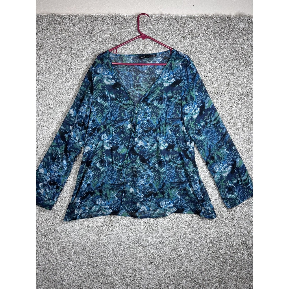 MIXIT Woman Lace Up Chiffon Top‎ Plus Size 1X Blue Geometric Flowy Boho Fairy